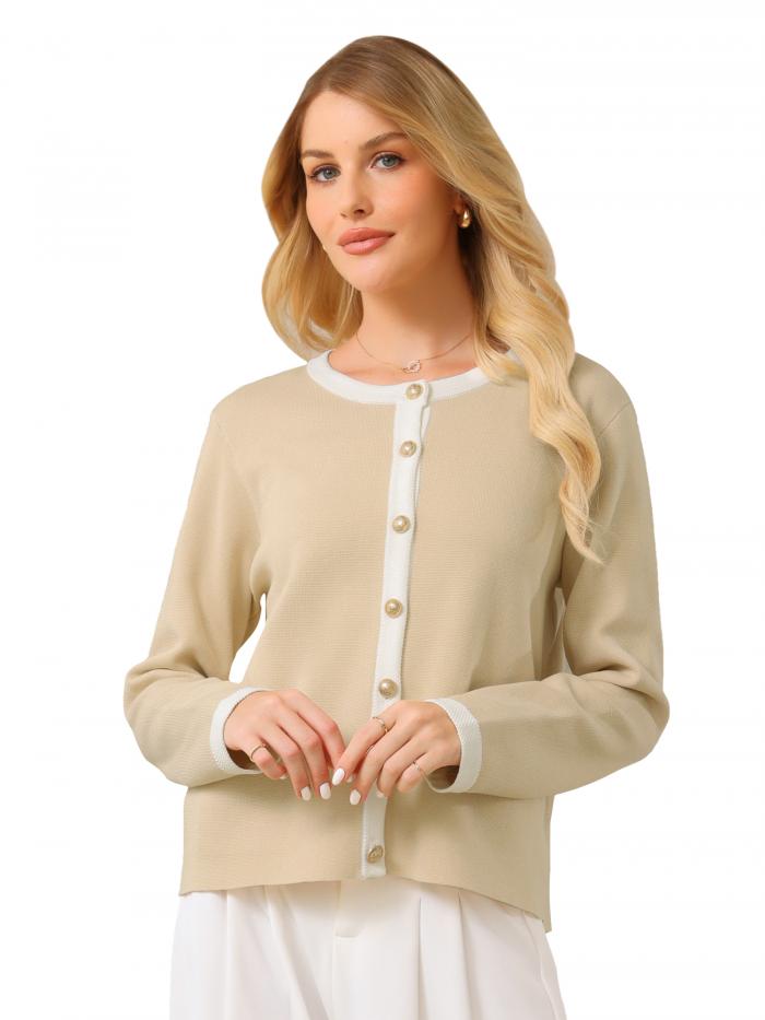 Hobemty レディース ボタンダウン カーディガン セーター クルーネック コントラストトリム 長袖 ニッ..