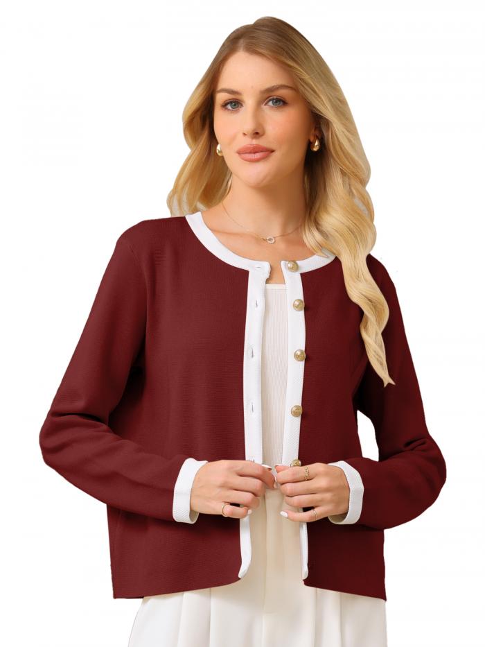 Hobemty レディース ボタンダウン カーディガン セーター クルーネック コントラストトリム 長袖 ニッ..