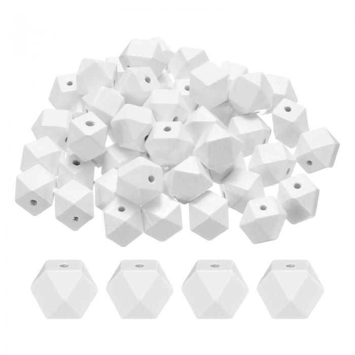 uxcell 50個 16mm ホワイト 幾何学的木製ビーズ 3.3 mm 大穴 多角形木製ルーズビーズ 宝石ネックレス ..