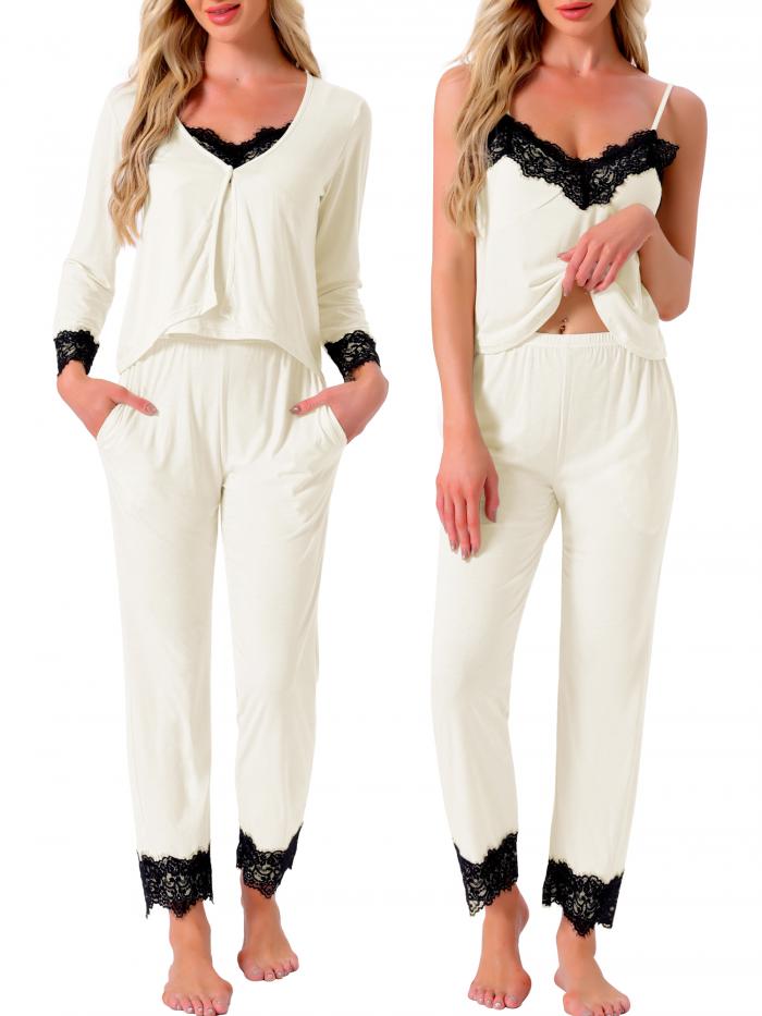 cheibear レディース ラウンジウェア レースキャミソール スパゲッティストラップ ノースリーブ ソフトパンツセット ポケット付き カーディガン 3ピース パジャマセット ホワイト XL