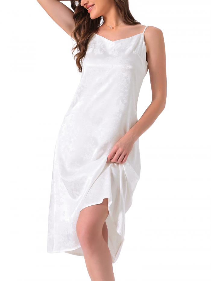 cheibear レディース サテン フローラル パジャマ Vネック スパゲッティストラップ シュミーズ スリップ ランジェリー ミディ丈 ナイトガウン ホワイト XS