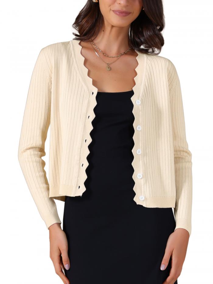 Allegra K レディース 長袖 Vネック カーディガン 軽量 ボタンダウン カジュアル ニット シュラッグ セ..