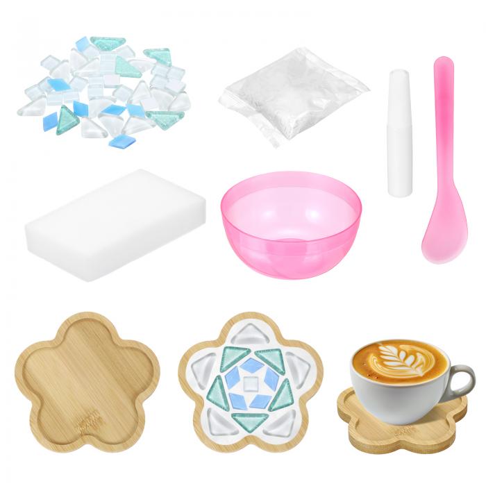 uxcell ガラスモザイクタイル 木製コースター付き クラフトセット DIY 花の形コースター装飾 115x115x1..