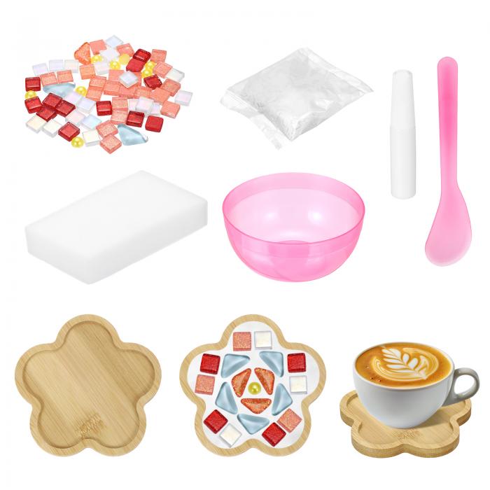 uxcell ガラスモザイクタイル 木製コースター付き クラフトセット DIY 花の形コースター装飾 115x115x10mm 大人用 ハンドメイド手芸材料 ギフト カラフル モザイクスタイル22