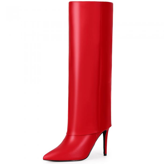 Allegra K レディース フォールドオーバー ポインテッドトゥ ジッパー スティレットヒール ニーハイブ..