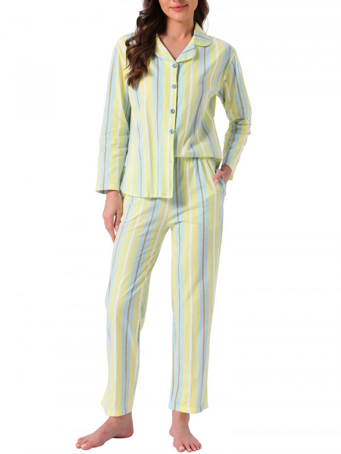 cheibear レディース コットンパジャマ ボタンダウン 長袖 ノッチカラー トップス＆パンツ 2ピース ラウンジウェアセット ポケット付き イエロー ストライプ M