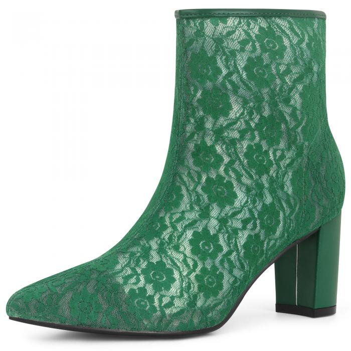 Perphy ポインテッドトゥ ブロックヒール フローラルレース アンクルブーツ（レディース） ダーク緑 25..