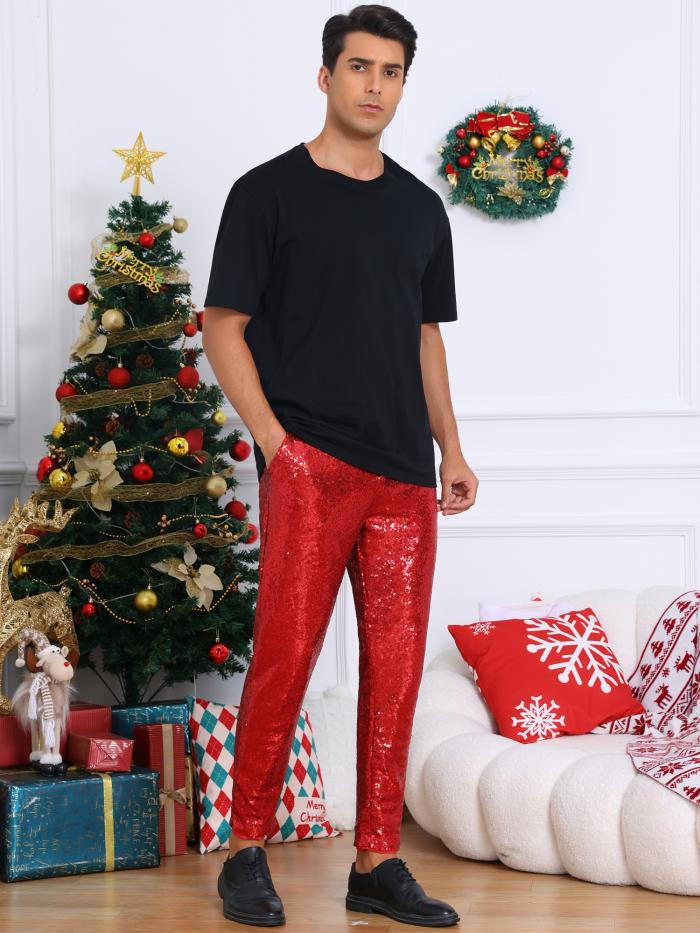 Lars Amadeus メンズ 光沢 パンツ グリッター 70年代 ディスコ ナイトクラブ ストレート レッグ スパンコール トラウザー レッド S