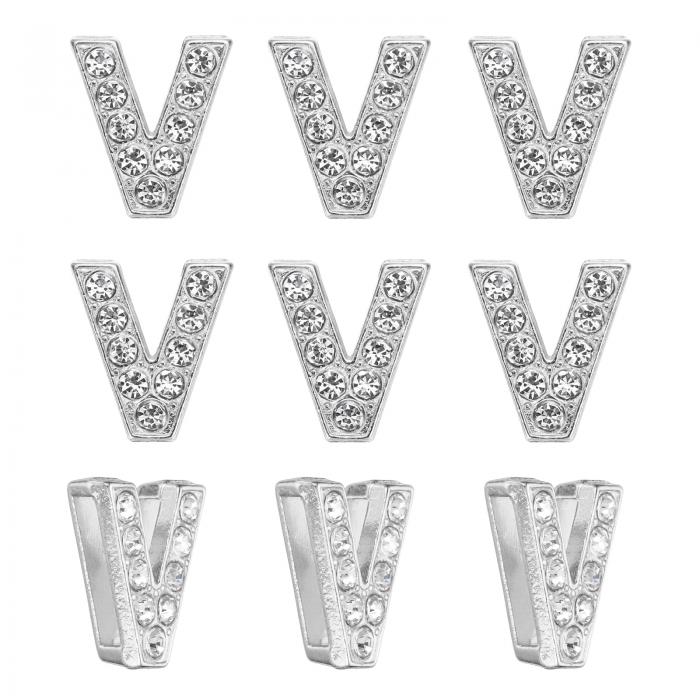 PATIKIL 30個のレター装飾、ラインストーンレターV装飾水晶アルファベットスライドリストバンドペンダント、宝石メイキングレザーカラーネックレス用、シルバー、14mm
