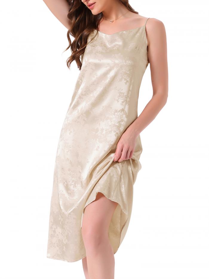 cheibear レディース サテン フローラル パジャマ Vネック スパゲッティストラップ シュミーズ スリップ ランジェリー ミディ丈 ナイトガウン シャンパン XS