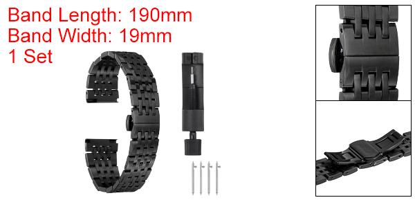 uxcell ステンレススチールウォッチバンド19mmダブルプレスバタフライ クラ スプメタルソリッドスチールチェーンウォッチストラップ交換用曲がった端部スマートウォッチ用男性女性用 黒