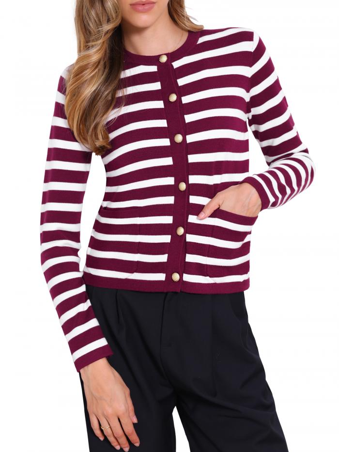 Allegra K レディース クルーネック カラーブロック ボタンダウン クロップシャツ ストライプ カーディ..