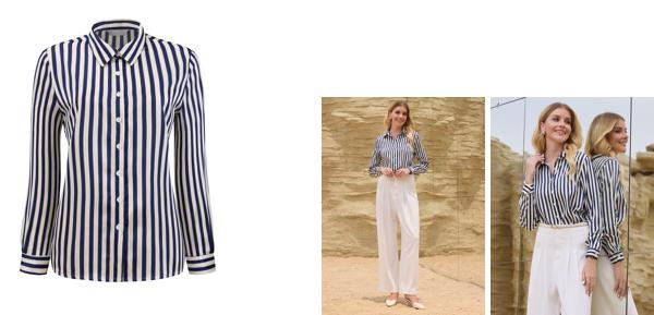 Hobemty レディース サテン ストライプ シャツ ボタンダウン 長袖 オフィス ブラウス 縦縞 トップス 紺 L