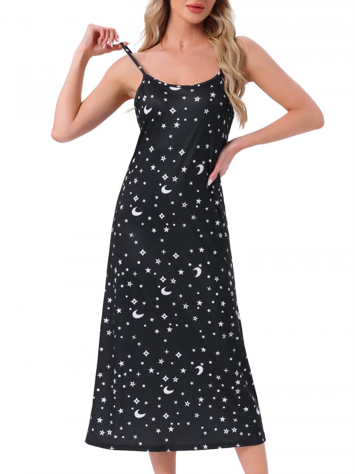 cheibear パジャマ キャミドレス ノースリーブ 肌に優しい ミディ スリップ ネグリジェ レディース ブラックスター L