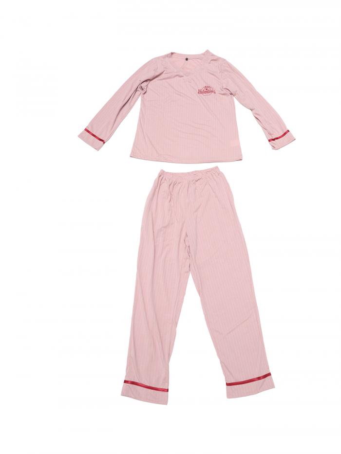 cheibear レディース コットンパジャマ リブ編み スリープウェア プルオーバートップス パンツ付き ラウンジセット ポケット付き ピンク L