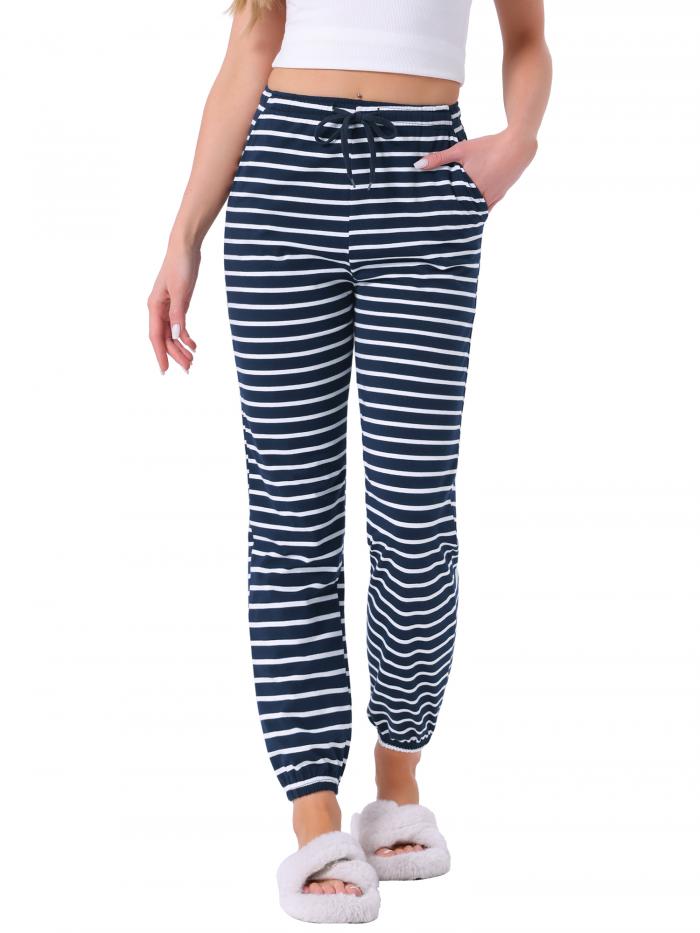 cheibear レディース コットンパジャマパンツ ドローストリング 伸縮性ウエスト ストライプ ラウンジ ヨガ ボトムス ポケット付き ネイビーストライプ ...