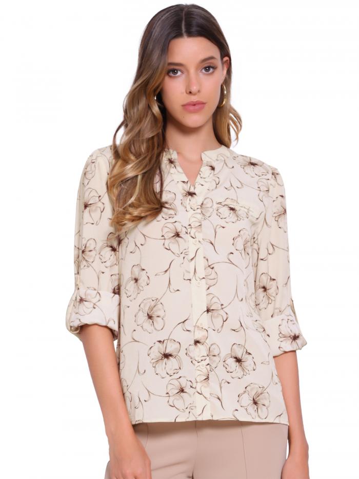 Allegra K Allegra K ノッチドクルーネックトップス プリントボタンダウンシャツ 花柄ブラウス レディース アプリコット L