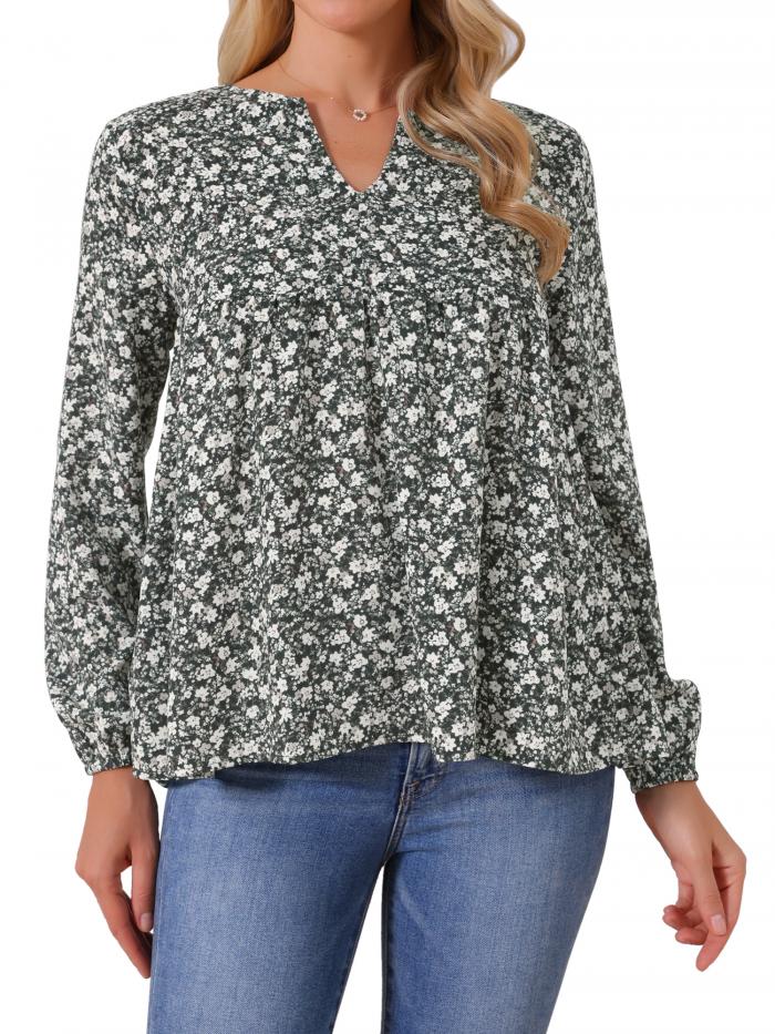 Seta T レディース 花柄ブラウス Vネック 長袖 ゆったり 春夏トップス ルーズフィット ブラック M