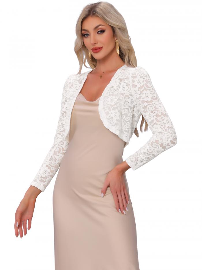 Allegra K 女性用エレガント 花柄メッシュシアー スパンコール ボレロ カーディガン レースシュラッグトップ レディース ホワイト S