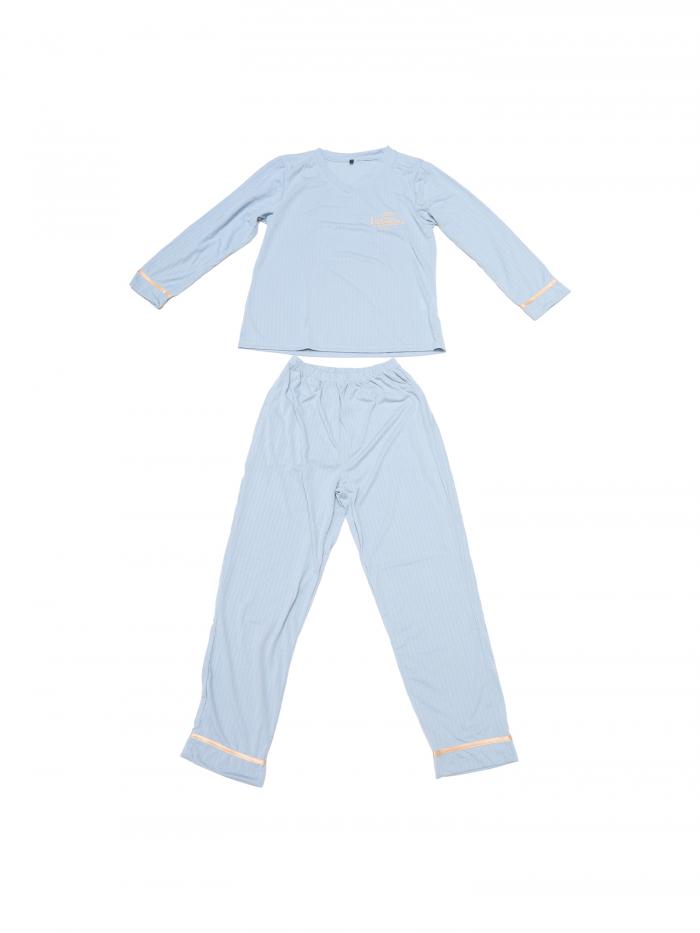 cheibear レディース コットンパジャマ リブ編み スリープウェア プルオーバートップス パンツ付き ラウンジセット ポケット付き 青 S