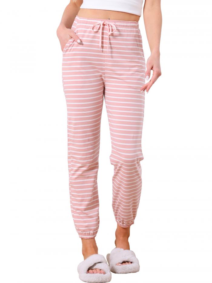 cheibear レディース コットンパジャマパンツ ドローストリング 伸縮性ウエスト ストライプ ラウンジ ヨガ ボトムス ポケット付き ダスティローズストラ...