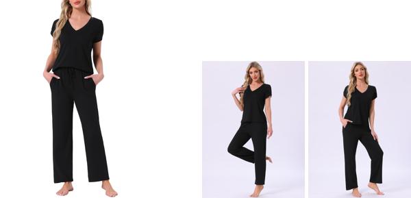 cheibear レディース パジャマ Vネック 半袖 トップス ドローストリングパンツ スリープウェア プリント ラウンジセット ポケット付き ブラック XL