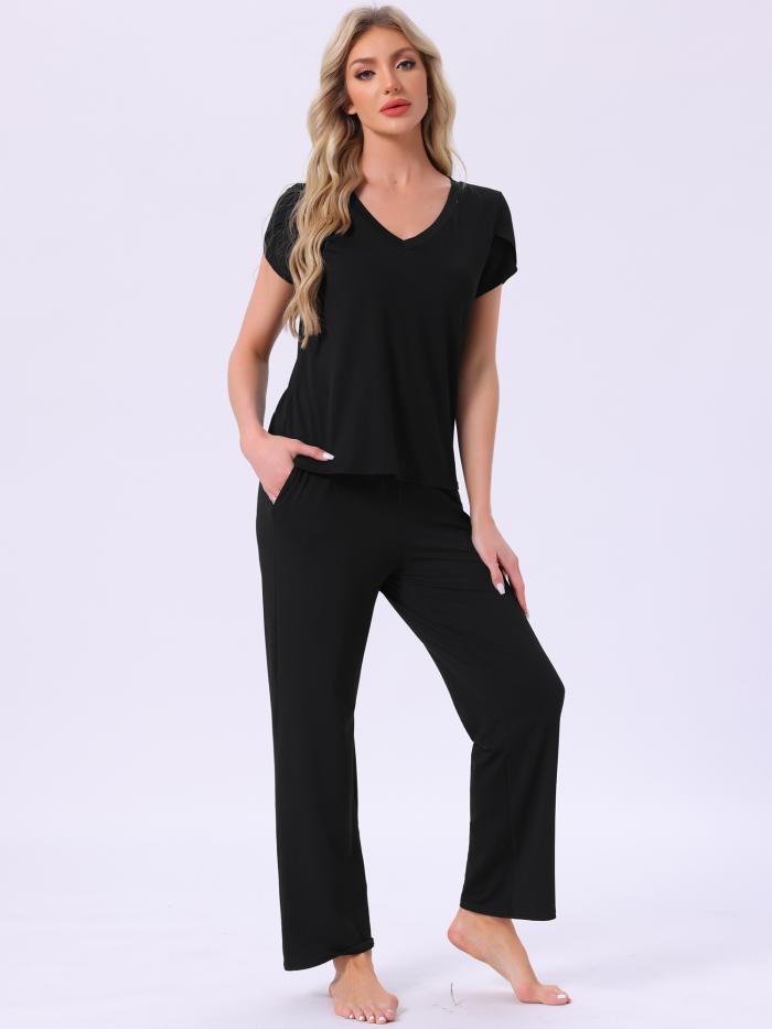 cheibear レディース パジャマ Vネック 半袖 トップス ドローストリングパンツ スリープウェア プリント ラウンジセット ポケット付き ブラック XL