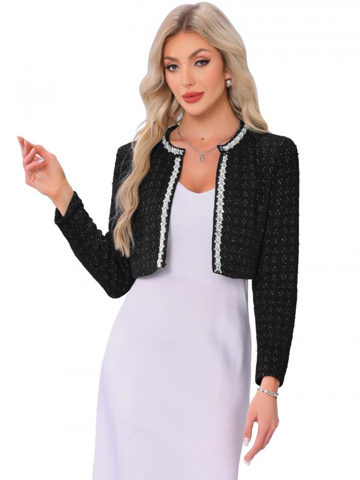 Allegra K レディース ツイードジャケット クロップド丈 長袖 スパークルトリム オープンフロント カーディガン ブラック XS