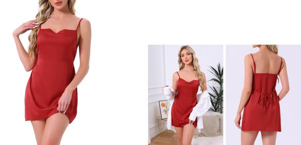 cheibear レディース サテン シルキー ナイトガウン スパゲッティストラップ カウルネック タイ ウエスト キャミソール ランジェリー ミニスリープシャツ ワイン L 2