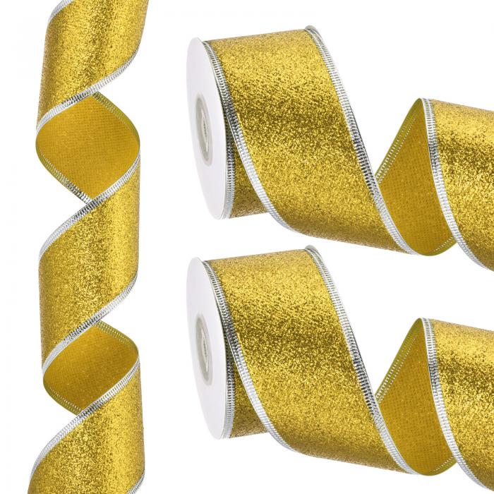 PATIKIL 20ヤード x 50.8 mm クリスマスリボン メタリック ワイヤーリボン シャイン ギフトラッピングリボン クラフト バースデー 結婚式 フェスティバル 装飾用 イエロー シルバー