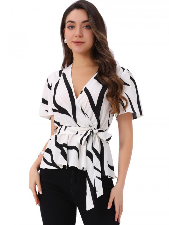 Allegra K レディース プリントペプラムトップ フラッタースリーブ 伸縮性ウエストベルト ラップ Vネック ブラウス ブラックホワイト XL