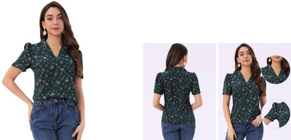 Allegra K シャツ ブラウス 半袖 水玉 チェリー柄 可愛い トップス Vネック プリント 折り襟 夏 レディース ダークグリーン XS