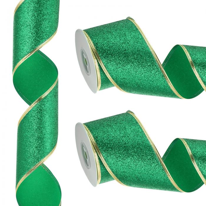 PATIKIL 20ヤード x 63.5 mm クリスマスリボン メタリック ワイヤーリボン シャイン ギフトラッピングリボン クラフト バースデー 結婚式 フェスティバル 装飾用 緑 金色