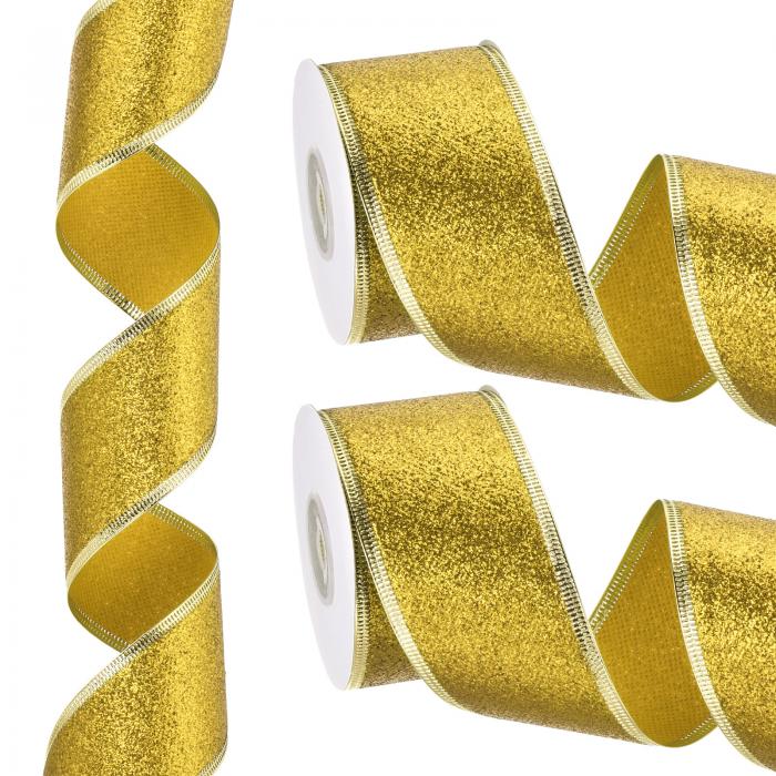 PATIKIL 20ヤード x 50.8 mm クリスマスリボン メタリック ワイヤーリボン シャイン ギフトラッピングリボン クラフト バースデー 結婚式 フェスティバル 装飾用 イエロー 金色