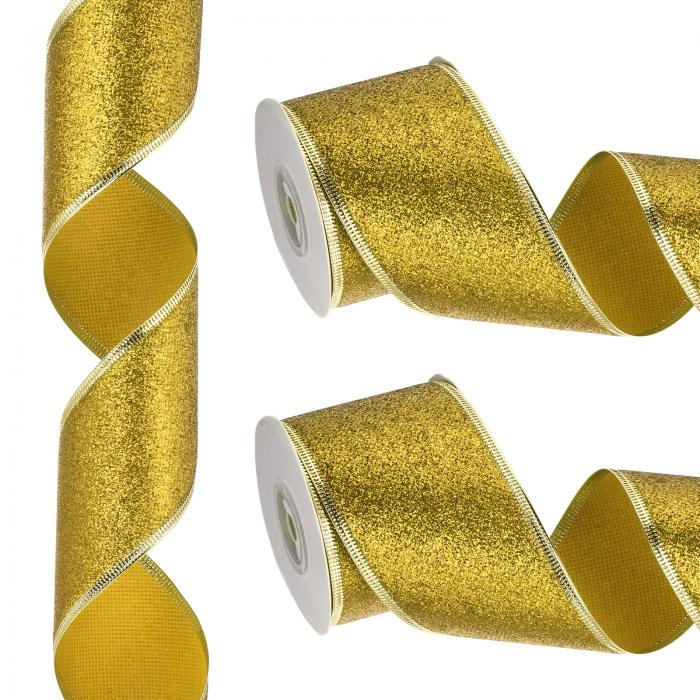 PATIKIL 20ヤード x 63.5 mm クリスマスリボン メタリック ワイヤーリボン シャイン ギフトラッピングリボン クラフト バースデー 結婚式 フェスティバル 装飾用 イエロー 金色