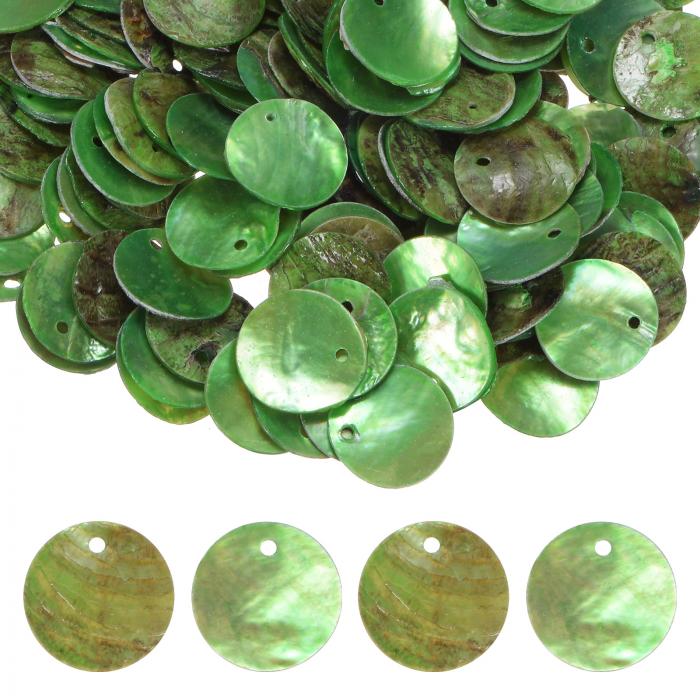 M METERXITY 300パック フラットな丸い貝殻コインドロップ装飾ビーズ 15mm フラットな貝殻ビーズ 宝石作り/ネックレス/イヤリング/クラフト用 穴付き【フルーツ緑】