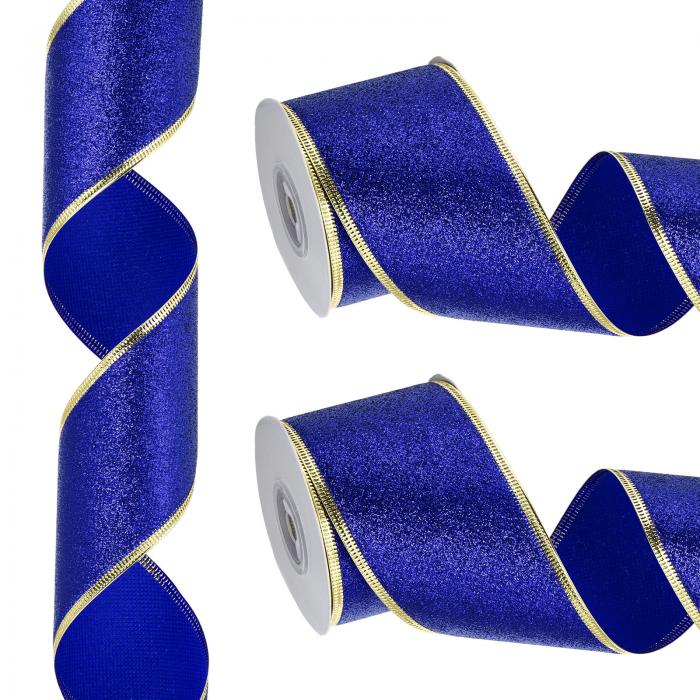 PATIKIL 20ヤード x 63.5 mm クリスマスリボン メタリック ワイヤーリボン シャイン ギフトラッピングリボン クラフト バースデー 結婚式 フェスティバル 装飾用 ブルー 金色