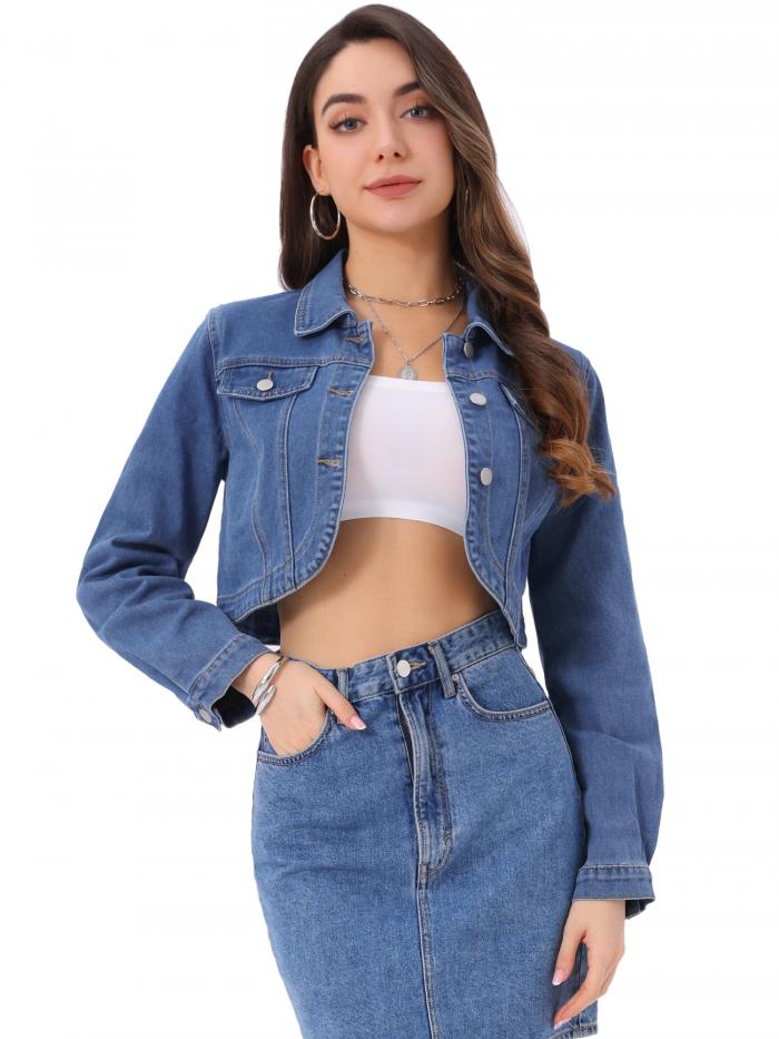 Allegra K デニム コート ジャケット 襟付き ボタンダウン 長袖 クロップ ジーンズジャケット デイリー 可愛い レディース ブルー M