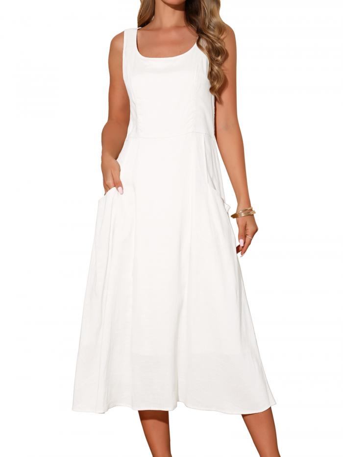Seta T レディース リネンドレス 夏 ノースリーブ サンドレス カジュアル ゆったり マキシ タンク ビーチドレス ホワイト XL