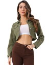 Allegra K デニム コート ジャケット 襟付き ボタンダウン 長袖 クロップ ジーンズジャケット デイリー 可愛い レディース ダークグリーン XS