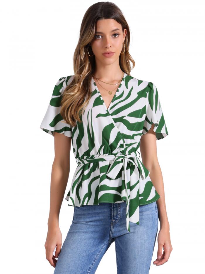 Allegra K レディース プリントペプラムトップ フラッタースリーブ 伸縮性ウエストベルト ラップ Vネック ブラウス アプリコットグリーン S