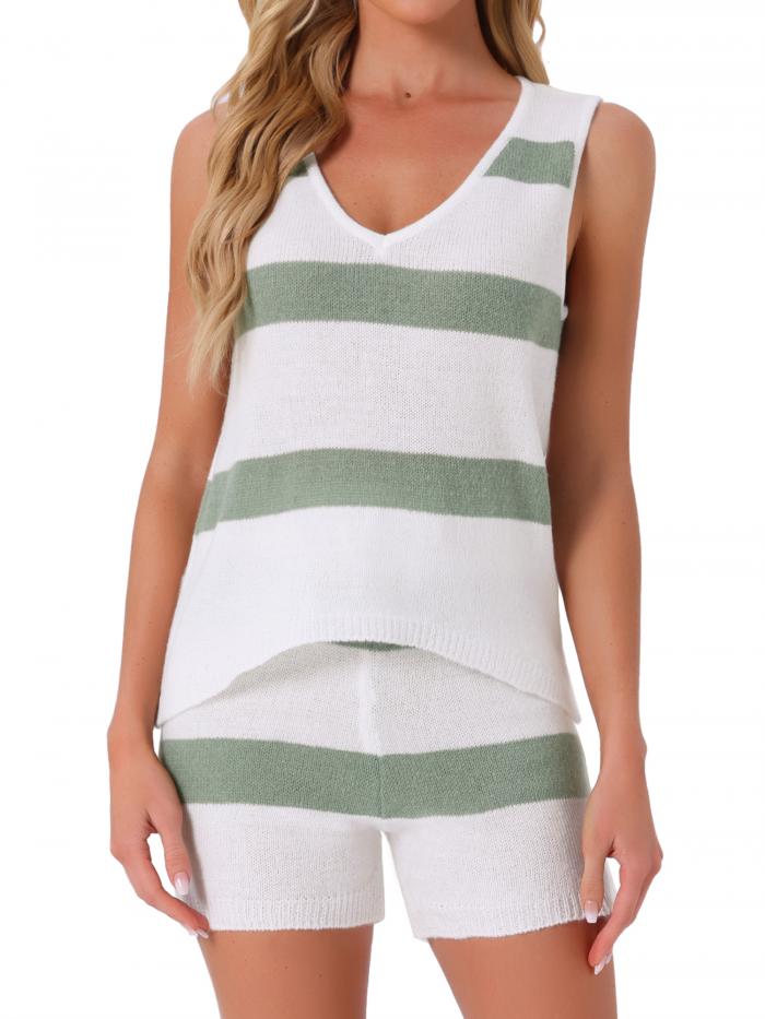 cheibear レディース ラウンジセット ストライプ タンクトップとショーツ Vネック ニット パジャマセット PJセット 緑 XL