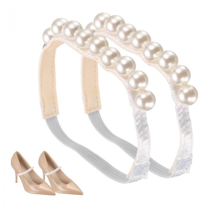uxcell 2 ペア ハイヒールシューストラップ ビーズエラスティックシューストラップヒール取り外し可能なアンクルストラップ交換用シューレースクリスタル付き女性用ルーズハイヒールスリッパサンダル ホワイト