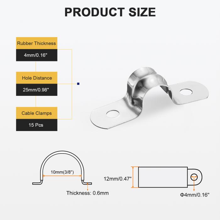 uxcell 15個10mm（3/8"）ケーブルクランプ 304ステンレス鋼製クッション付き絶縁ケーブルクランプ2穴U字ストラップクランプ ラインパイプホースワイヤーコード取り付け用 シルバー