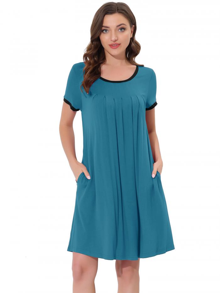 cheibear レディースラウンジドレスナイトシャツパジャマポケット付きソフトパジャマナイトガウン ピーコックブルー XL