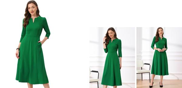 Allegra K Aラインドレス エレガント V ネックワンピース ポケット 七分袖 ワーク レディース グリーン M