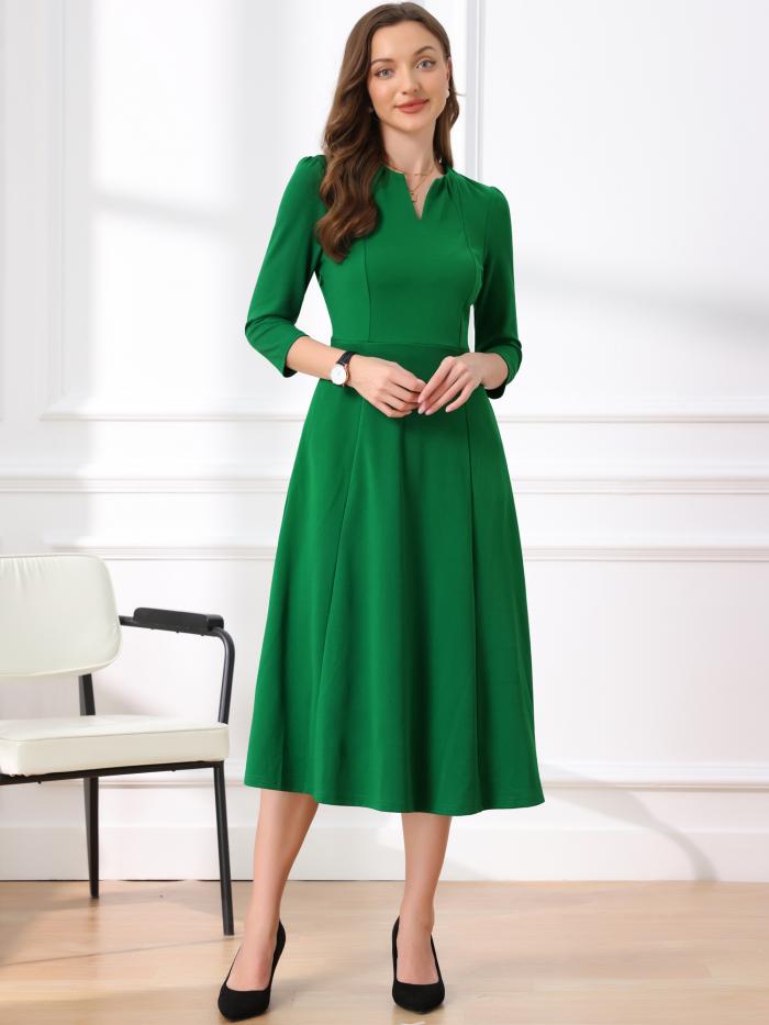 Allegra K Aラインドレス エレガント V ネックワンピース ポケット 七分袖 ワーク レディース グリーン M
