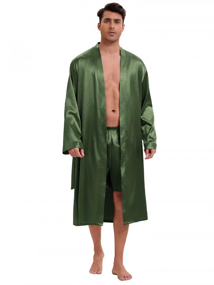 Lars Amadeus 男性用 サテンローブ ナイトウェア 長袖 着物 バスローブ ショートパンツ付きパジャマセット グリーン XL