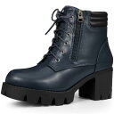 Allegra K アンクルブーツ ラウンドトゥ サイドジッパー 戦闘ブロックヒール レディース ネイビーブルー 26.0cm(4)