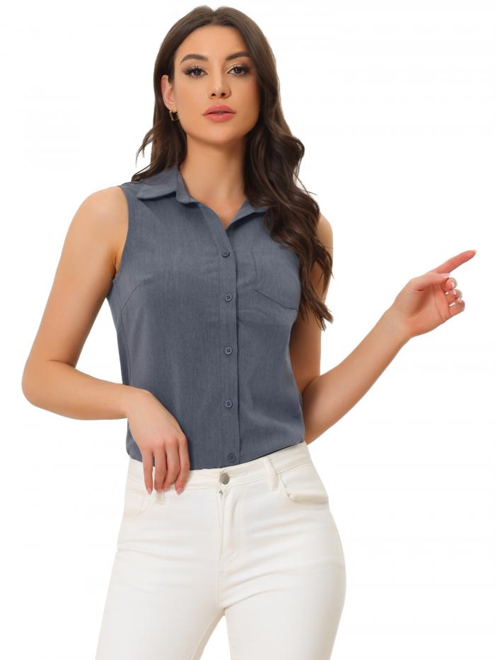Allegra K V ネックトップス ボタンダウンシャツ ノースリーブ ラペル シャンブレー レディース グレーブルー S